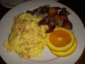Tons of smoked salmon bits in the scrambled eggs