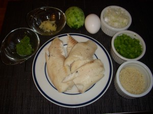 Poached tilapia, lime zest, garlic, lime, egg, onion, green pepper, bread crumbs