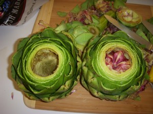Cleaning out the artichokes
