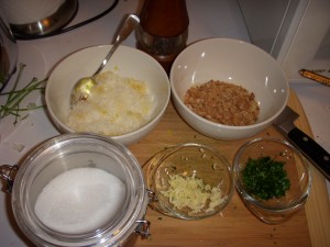 Salt, grated parmesan, lemon zest, bread crumbs, parsley, and garlic