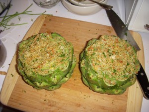 Stuffed artichokes ready to be cooked