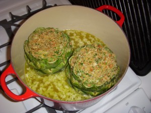 Artichokes cooking in the dutch oven