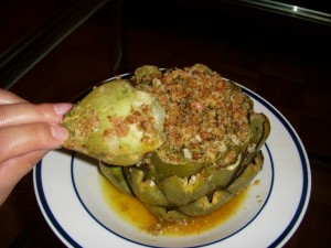 Artichoke leaf with stuffing on top