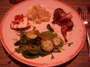 A little taste of everything - persian cucumber salad, buffalo mozzarella, shaved fennel salad, grilled quail