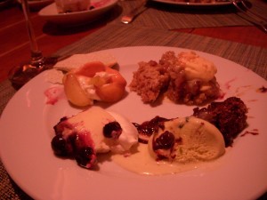 Vanilla bean cheesecake with blueberries, peach pavlova, rhubarb crisp with tangerine creamsicle ice cream, liquid chocolate cake with pistachio ice cream