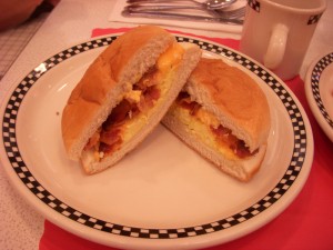 Bacon, egg, and cheese on a roll