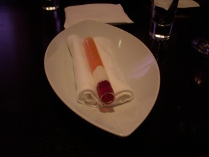Bubble gum in a tube with long pepper, hibiscus, and creme fraiche