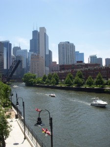 Kayakers on the canal and the Sears Tower in the background