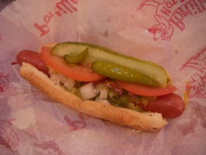 Chicago hot dog jam packed with toppings