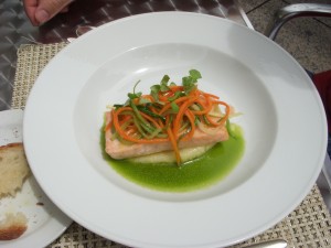 Salmon with potato puree, julienned vegetables and basil vinaigrette