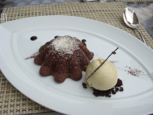 Molten chocolate cake and vanilla ice cream