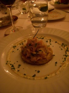 House smoked brook trout on a blini