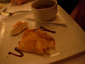 Chocolate hazelnut creme brulee and hazelnut cream crepes