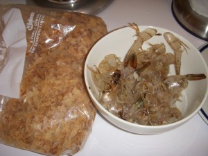 Bonito flakes and shrimp shells for the dashi