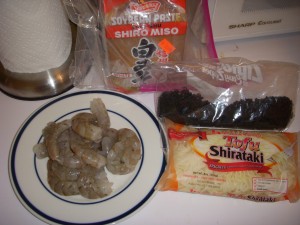 Shelled shrimp, miso paste, wakame seaweed, Shiratake Noodles