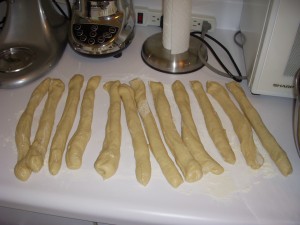 Strips of dough ready to be shaped