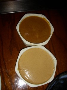 Ginger sauce on top and mustard sauce on the bottom