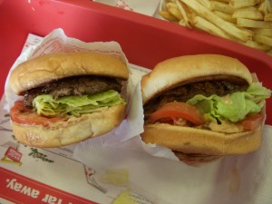 Regular burger on the left, animal style on the right