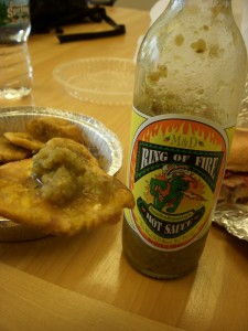Roasted garlic and tomatillo hot sauce couldn't save the bad tostones
