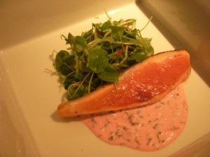 Seared sockeye salmon on shiso tartar sauce