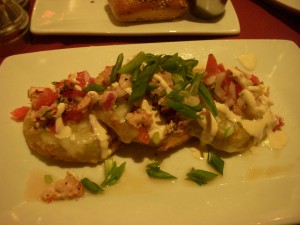 Fried green tomatoes with lobster and shrimp salsa