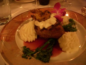Filet mignon with goat cheese soufflé and blackened shrimp
