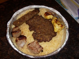 Combination kebab platter (beef chapli, lamb, and chicken kebabs)