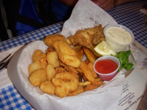 Fried shrimp, clams, scallops, and oysters
