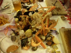 Corn on the cob, potato, and sausage were dispersed throughout the seafood