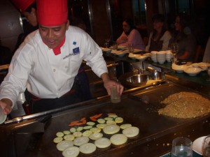 Meticulously laid out vegetables on the hibachi