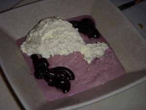 Black raspberry ice cream with hot fudge and real whipped cream