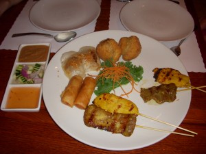 Wondee Sampler with two chicken sates, two beef sates, two thai spring rolls, two curry puffs, and two steamed vegetable dumplings
