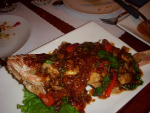 Fried whole red snapper with garlic and chili sauce