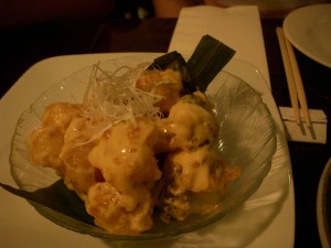 Shrimp and broccoli tempura with spicy mayo