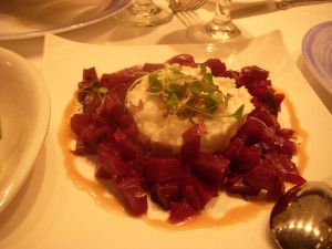 Diced beets topped with feta skordalia