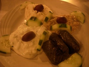 Tzatziki, skordalia, melitzanosalata, and dolmades