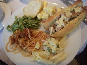 Penne alfredo, spaghetti bolognese, linguini pesto, french bread, potato salad, chicken salad sandwich