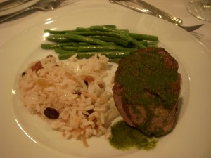Rice with raisins, string beans, and super dry practically inedible duck