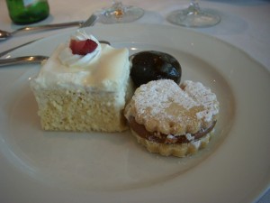 The best tres leches cake and caramel sandwich cookie, plus a stewed fig in the back