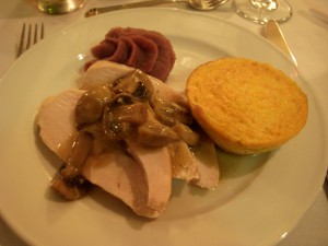 Super moist turkey topped with mushrooms, sweet potato puree and some kind of frittata