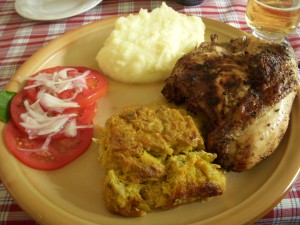 Insanely good bbq chicken, vegetable frittata, fresh tomatoes and onions, mashed potatoes