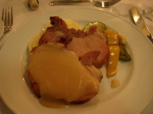 Ham with applesauce, mashed potatoes, roasted vegetables