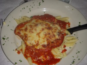 Chicken parm over penne pasta