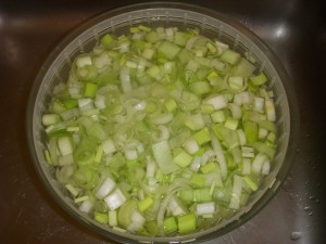 Chopped leeks soaking in the salad spinner