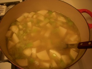 Boiling the potatoes and sauteed leeks in chicken stock