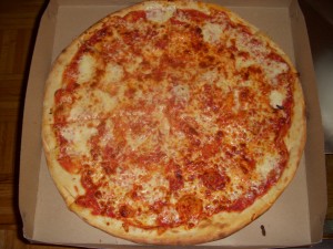 Pizza with a relatively thin crust