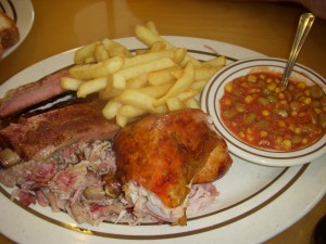 Chicken, chopped pork, St. Louis style ribs, french fries, Brunswick stew