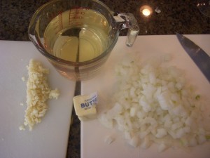 Garlic, white wine, onions, butter