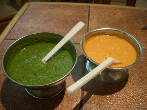 Herb pesto sauce and spicy salsa