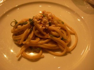 Spaghetti with dungeness crab, jalapenos, and minced scallions